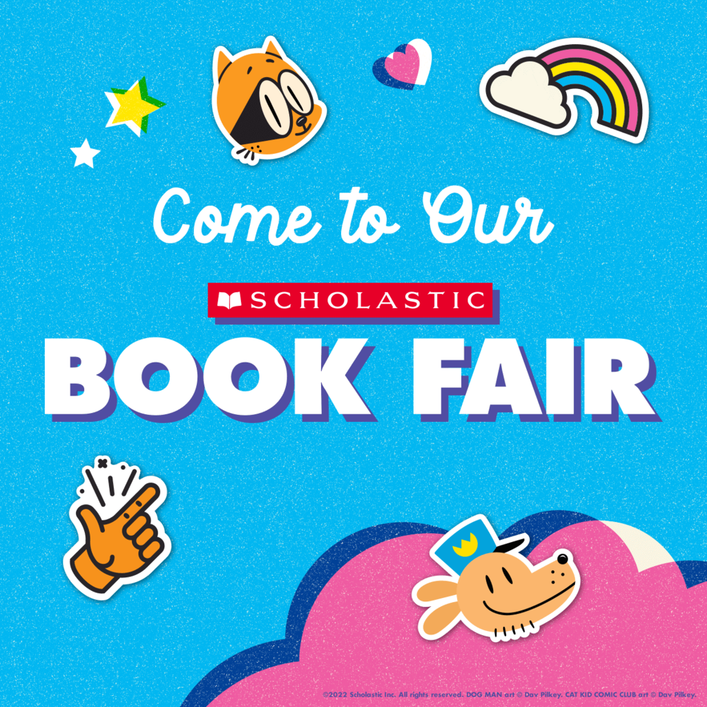blue background, book characters, book fair reminder
