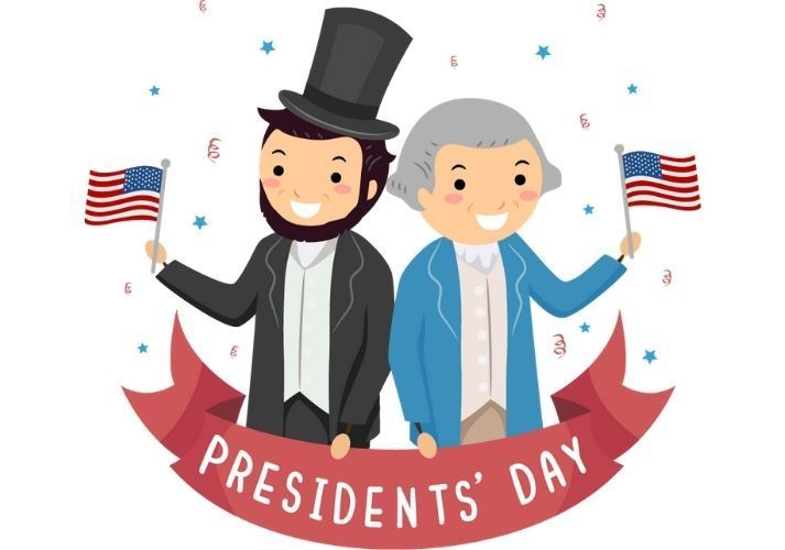 Two presidents standing side by side holding flags with a sign of president's day below them.