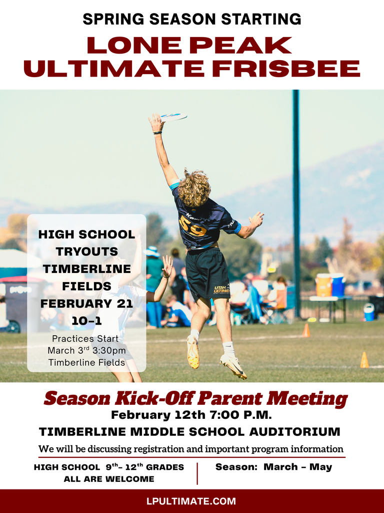 Student jumping to catch a frisbee, kick-off meeting Feb 12 @ 7PM