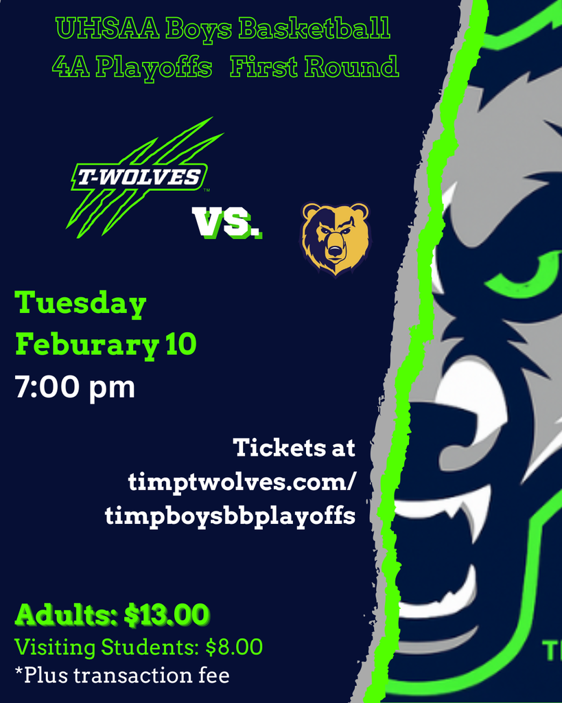🚨 PLAYOFFS ARE HERE. 🚨  Your T-Wolves host Summit Academy in the First Round of the 4A Playoffs this Tuesday, February 10 at 7:00 PM inside The Den.  This is win-or-go-home — we need The HOWL loud and packed.  🎟 THS Students: FREE with your valid THS ID Adults: $13 | Students: $8 (plus transaction fee)  Let’s defend home court. Be there. Be loud. Be ready.  Presented by Mountain Mike’s Pizza 🍕  #ItsAGreatDayToBeaAtTwolf #TheDen #HOWL