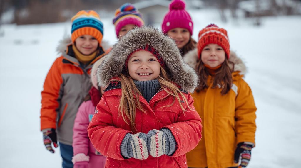 Group of 5 children in winter outerwear with one girl in forefront in red coat, standing in the snow.