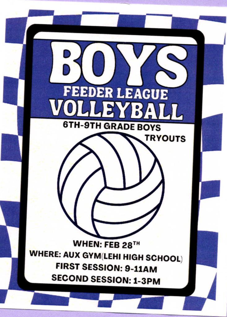 Cartoon Volleyball for 6th through 9th grade boys tryouts at Lehi High School