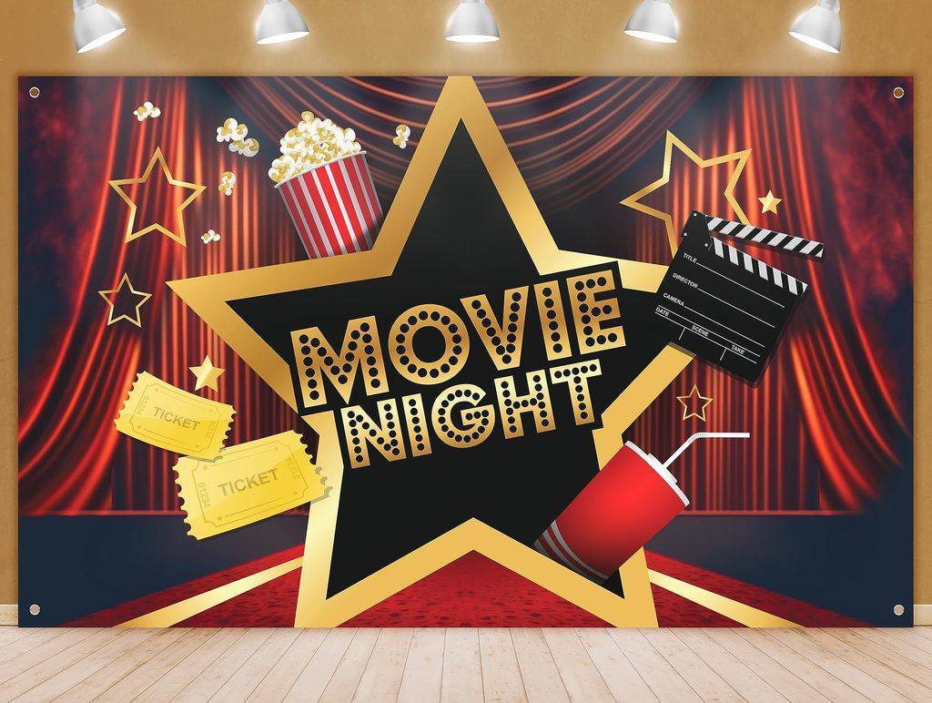 Movie Theater design with popcorn, soda, two tickets and star designs surrounding a large gold star shape with "Movie Night" in gold letters looking like a film strip style font. red carpet and red velvet curtains in the background.