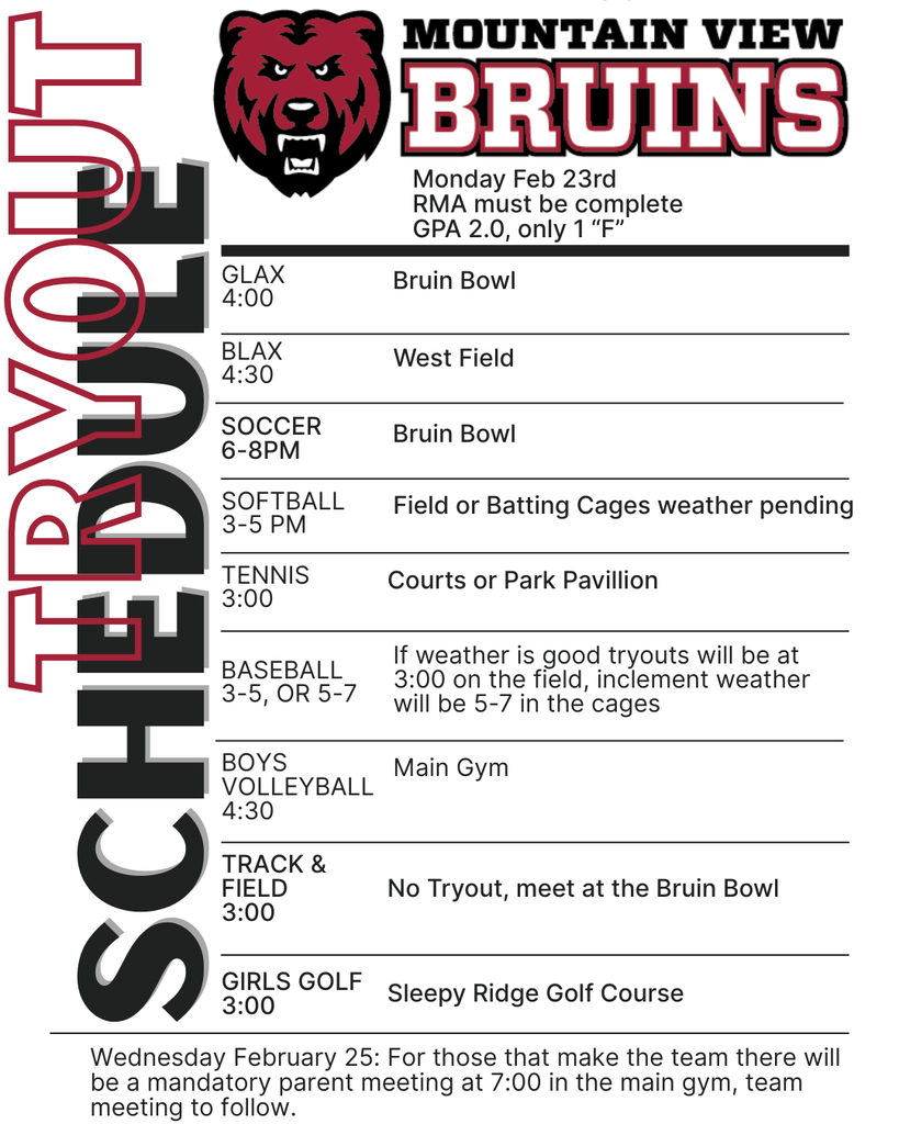 MVHS Spring Tryout Schedule