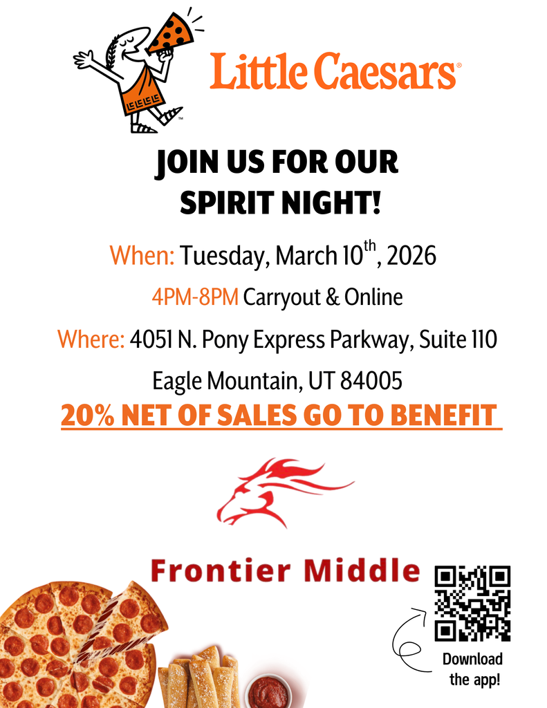 flyer with a picture of a pizza, breadsticks, and mustang head.