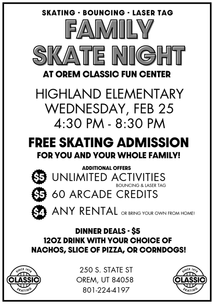 Classic family skate night flyer for February 25th