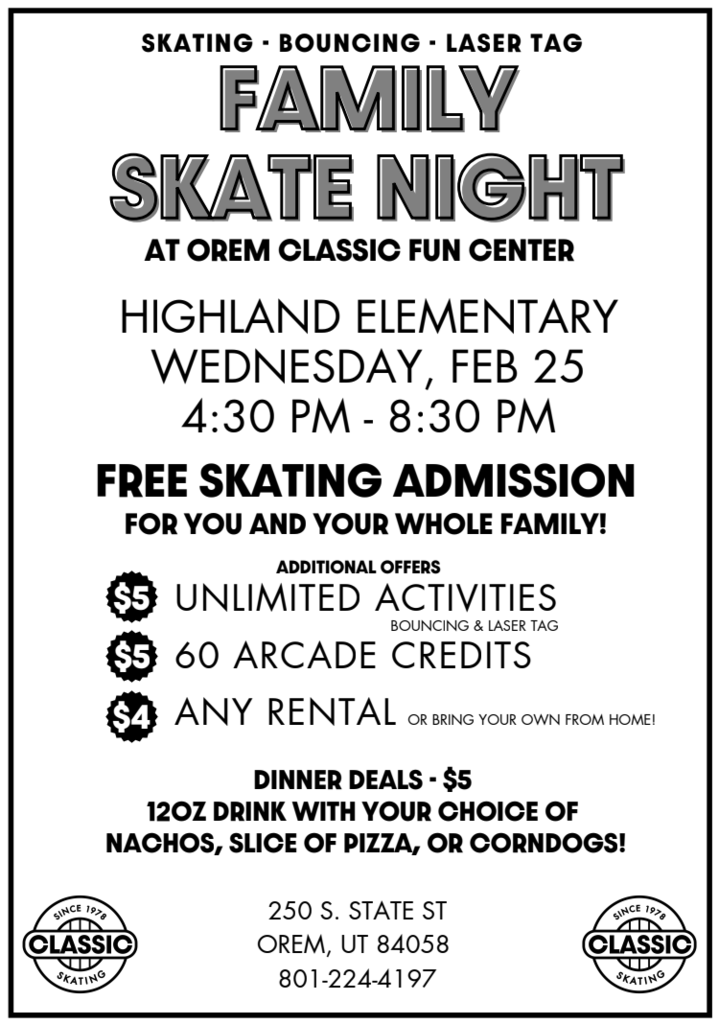 Skate night details with hours and prices