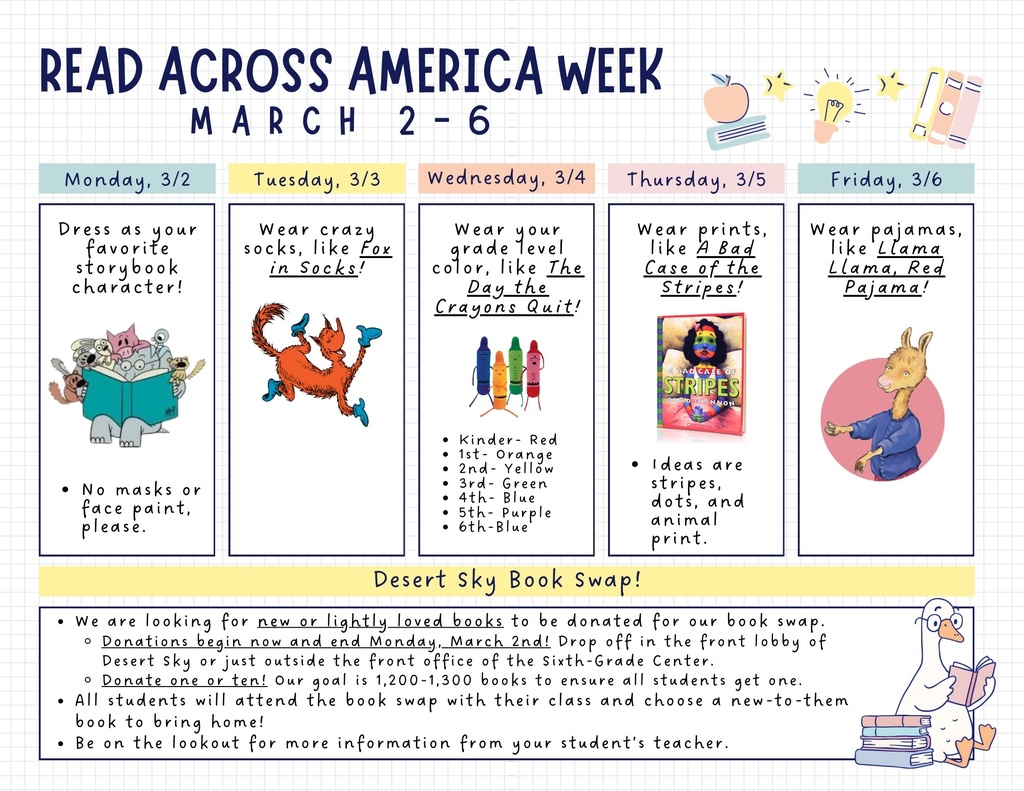 Read Across America  Week flyer with weekly planner showing the Days of the Week M-F 3/2-3/6 stating the different dress up days for celebrating at school.