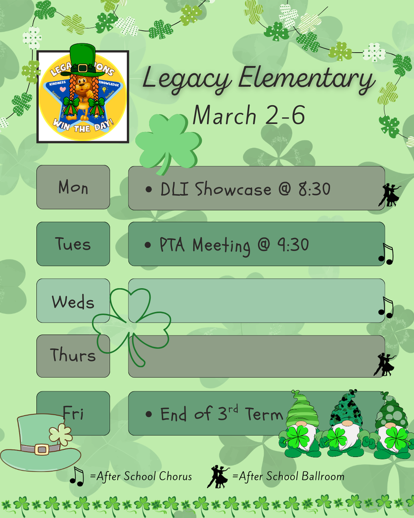 Legacy Weekly Events for March 2-6