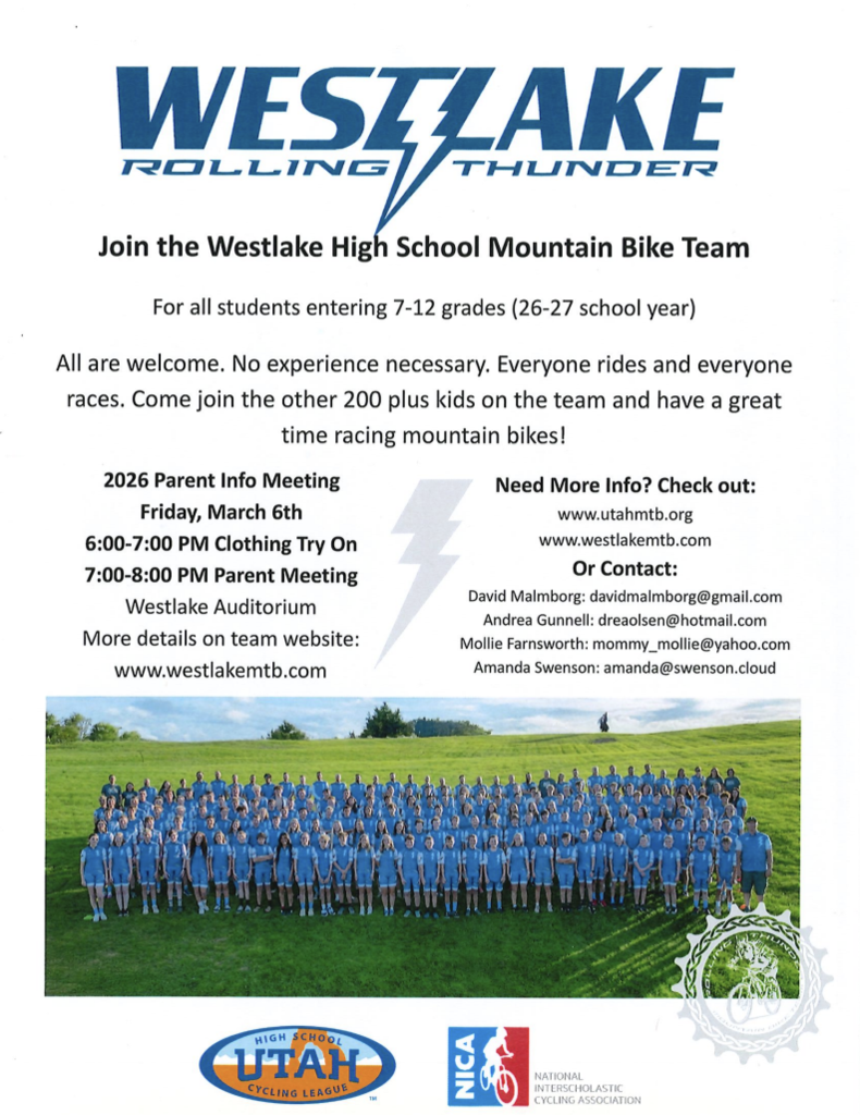 Westlake Mountain Bike Team Parent Meeting will be on Friday, March 6th.