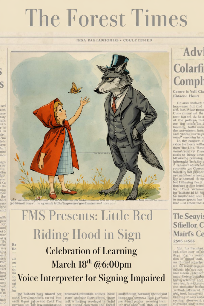 FMS presents Little Red Riding Hood with a picture of a girl in a read cape, and a wolf wearing a suit and top hat.
