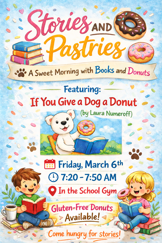 Kids reading books and dog with a donut advertising stories and pastries March 6th