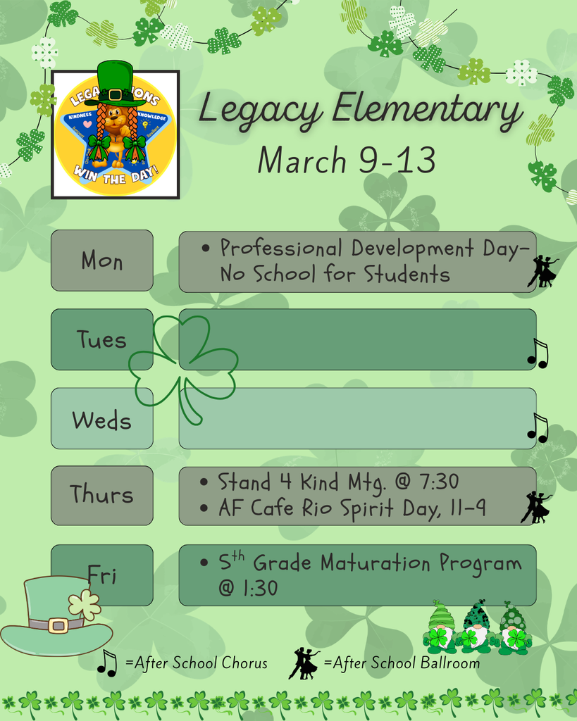 Legacy Weekly Events for March 9-13