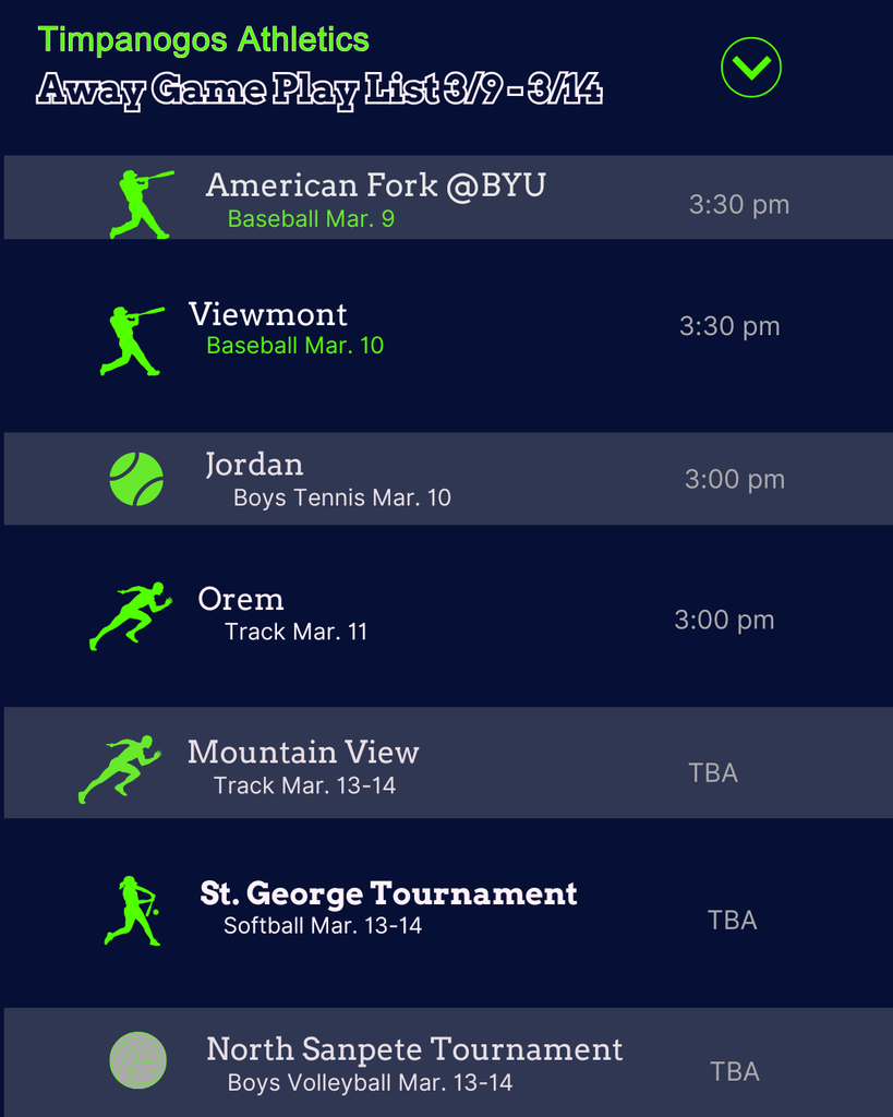 Graphic titled “Timpanogos Athletics Game Week Playlist March 9–14.” The graphic lists home and away athletic events for Timpanogos High School during the week. Home events include boys soccer vs Cedar Valley on March 9 at 7:00 PM, boys tennis vs Herriman on March 9 at 3:00 PM, softball vs Granger on March 10 at 3:30 PM, girls lacrosse vs Pleasant Grove on March 10 at 7:00 PM, boys tennis vs Westlake on March 11 at 1:30 PM, boys lacrosse vs Hillcrest on March 11 at 7:00 PM, boys soccer vs Manti on March 12 at 7:00 PM, baseball vs Fremont on March 12 at 3:30 PM, and boys lacrosse vs Pleasant Grove on March 13 at 7:00 PM. Away events include baseball vs American Fork at BYU on March 9 at 3:30 PM, baseball vs Viewmont on March 10 at 3:30 PM, boys tennis at Jordan on March 10 at 3:00 PM, track at Orem on March 11 at 3:00 PM, track meet at Mountain View on March 13–14 with time to be announced, softball at the St. George Tournament on March 13–14, and boys volleyball at the North Sanpete Tournament on March 13–14. The graphic uses navy blue and bright green school colors with sport icons next to each event.