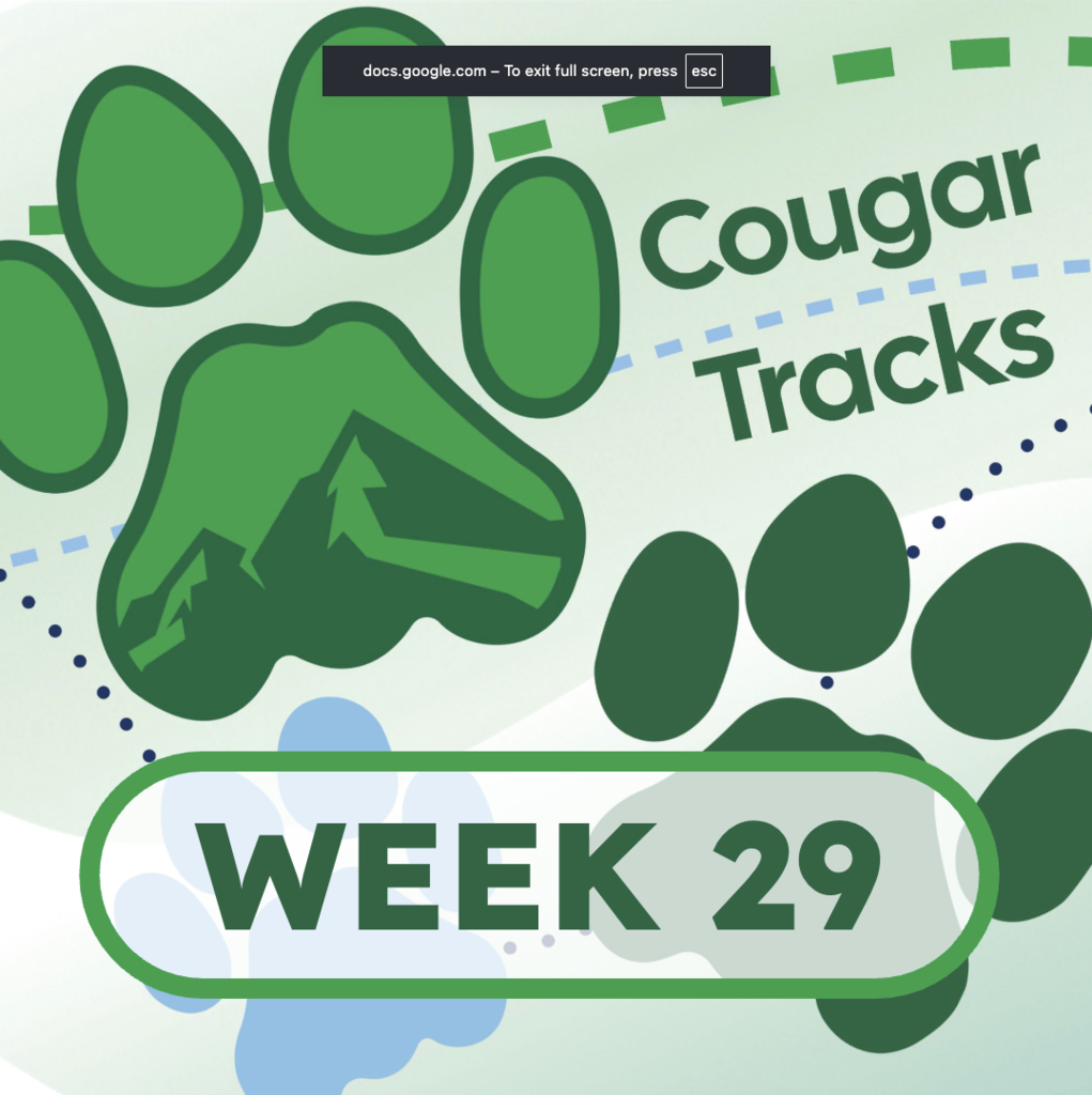 Cougar Tracks Square Image - it shows cougar paw prints and the text "Cougar Tracks" along with the text "Week 29"