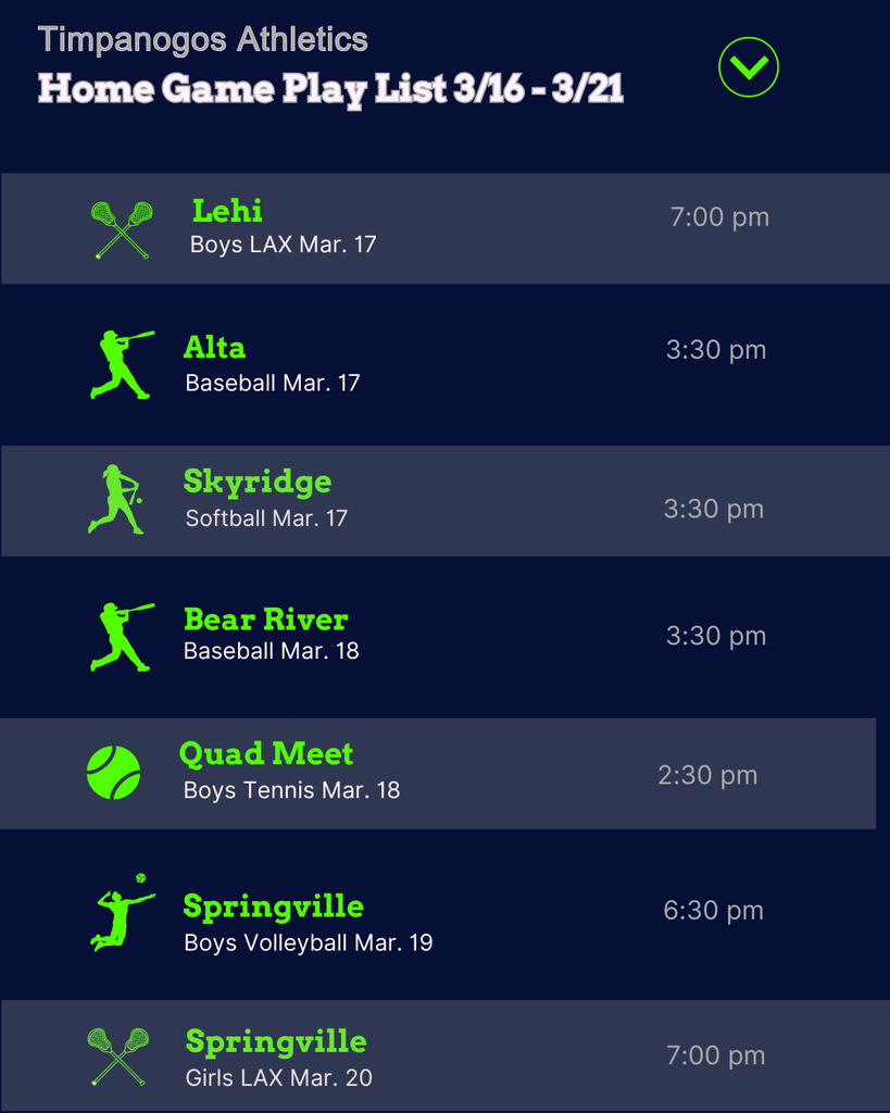 Graphic displaying the Timpanogos Athletics weekly schedule for March 16–21. The graphic lists home and away games for several sports including boys soccer, girls lacrosse, girls golf, boys volleyball, baseball, boys tennis, softball, and boys and girls lacrosse. Home games include boys lacrosse vs Lehi, baseball vs Alta and Bear River, softball vs Skyridge, a boys tennis quad meet, boys volleyball vs Springville, and girls lacrosse vs Springville. Away competitions include soccer at Lehi and American Heritage, girls lacrosse at Corner Canyon, girls golf at Dixie Red Hills, boys volleyball at Payson and the Cedar Hills Tournament, baseball at Salem Hills, and boys lacrosse at Juan Diego. The design uses navy blue and bright green school colors with sport icons next to each event.