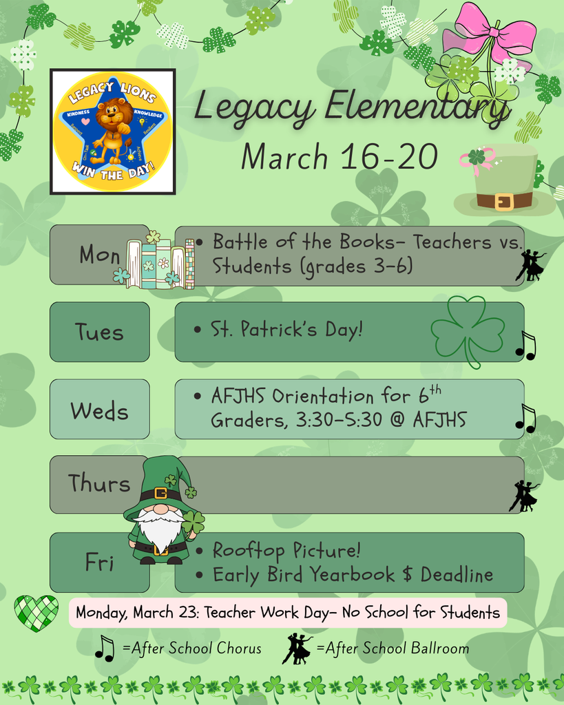 Legacy Weekly Events for 3/16-3/20