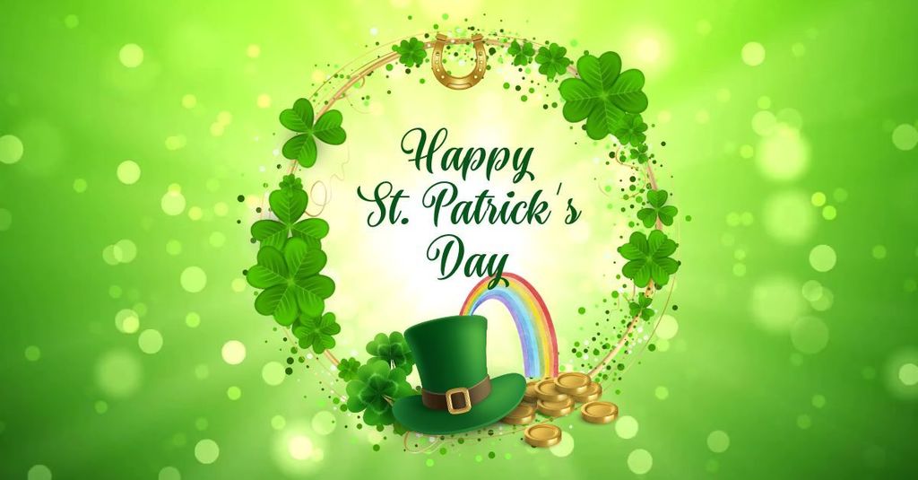 Green shamrocks, hat and rainbow, Happy St. Patrick's Day