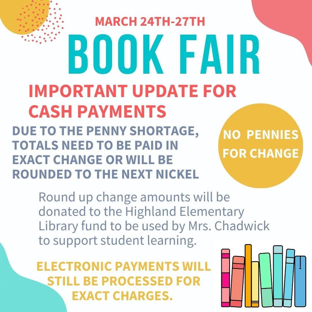 Colorful books announcing book fair  payment info