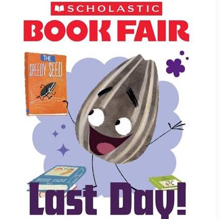 animated book character announcing last day for book fair 