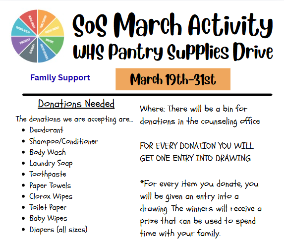 Sources of Strength will be collecting supplise for the Westlake High School pantry March 19th - 31st. 