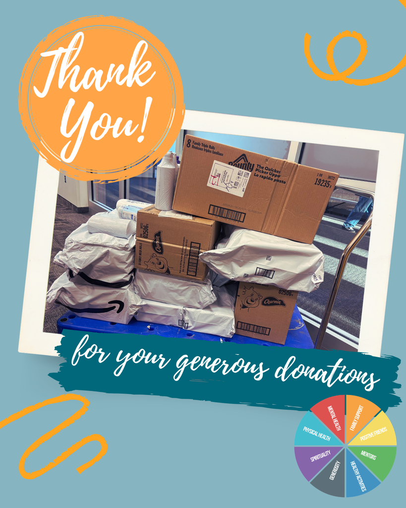 "Thank you for your generous donations" pictures a cart with amazon packages and the sources of strength wheel