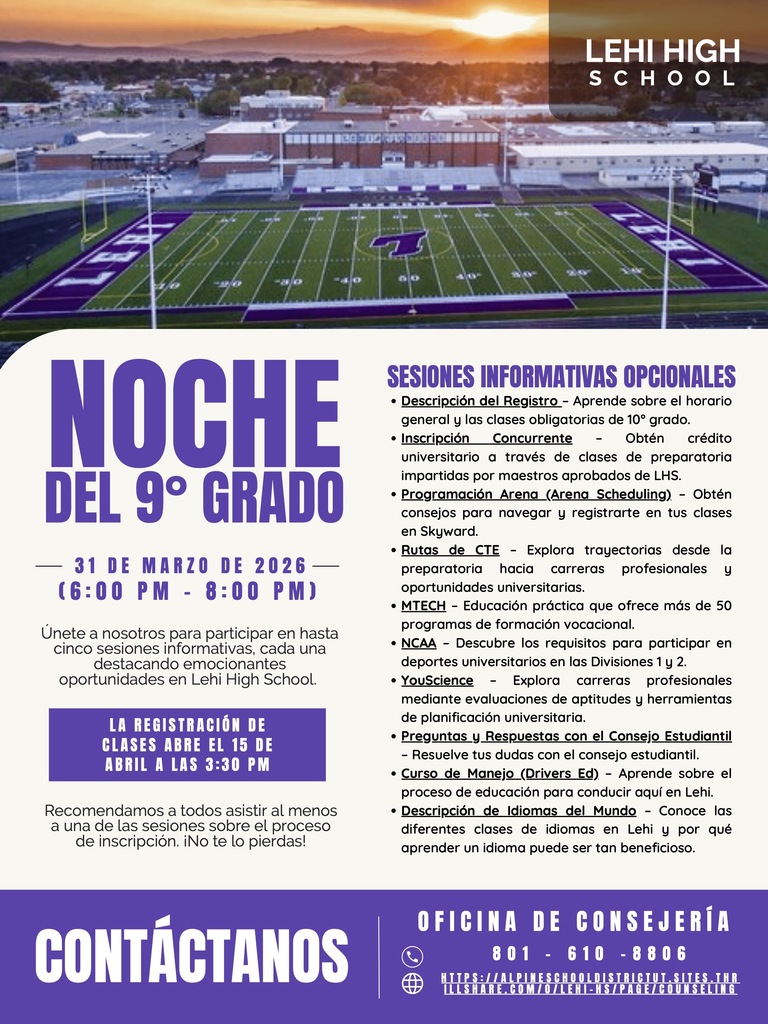 Lehi High School 9th grade night, March 31, 6 - 8 PM
