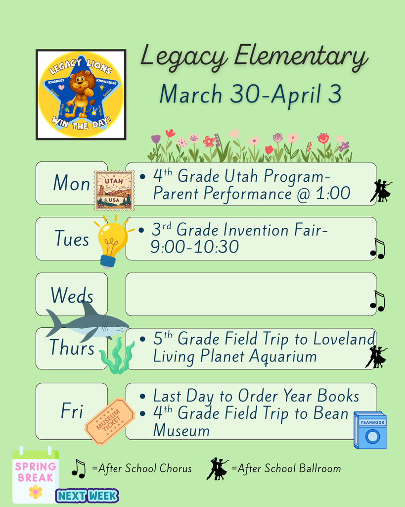Legacy Weekly Events for March 30-April 3