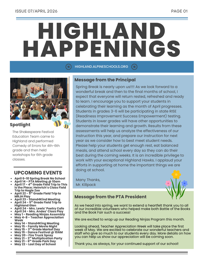 Page One Highland Happening Newsletter