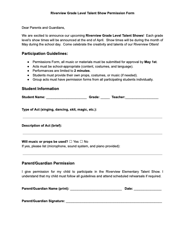 Talent Show Permission Form