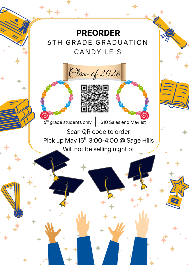 Images of graduates throwing their caps and celebrating with information about graduation leis being sold by the PTA. There is a QR code to order from.