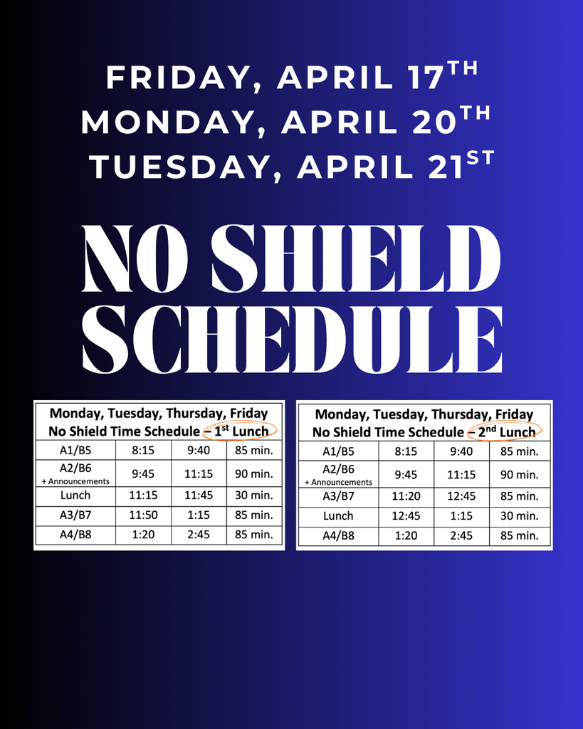 No Shield Schedule Friday, April 17th; Monday, April 20th; Tuesday, April 21st.