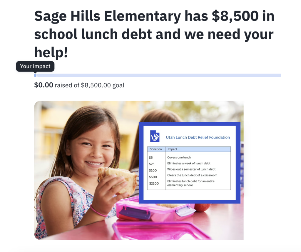 Image of student eating  with numbers showing how donations can help resolve student lunch debt.