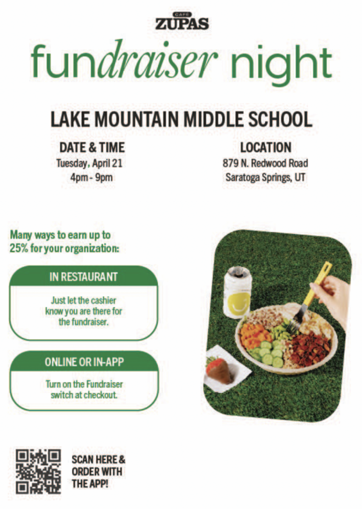 PTSA Zupas Fundraiser Night!  Tuesday April 21st from 4-9pm. 25% of proceeds will be donated to LMMS PTSA. Please let the cahier know you are there for the fundraiser or turn on the fundraiser switch at checkout online or in-app.