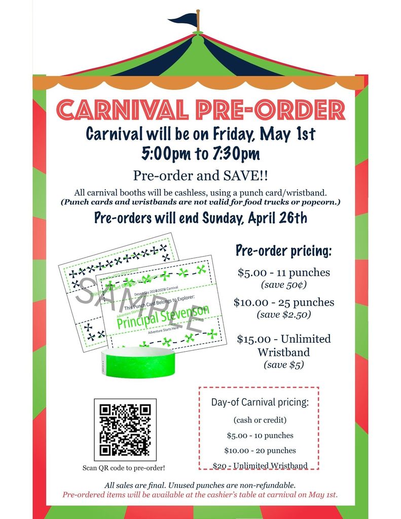 Circus Tent Border in green and red stripes, Listing Pre-Sale Punchcard & Wristband prices and availability dates. Carnival is May 1, 5:30pm-7pm, Pre Order sales end on April 26.