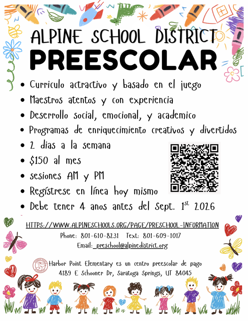 Flyer with information in Spanish about registering for Alpine School District preschool