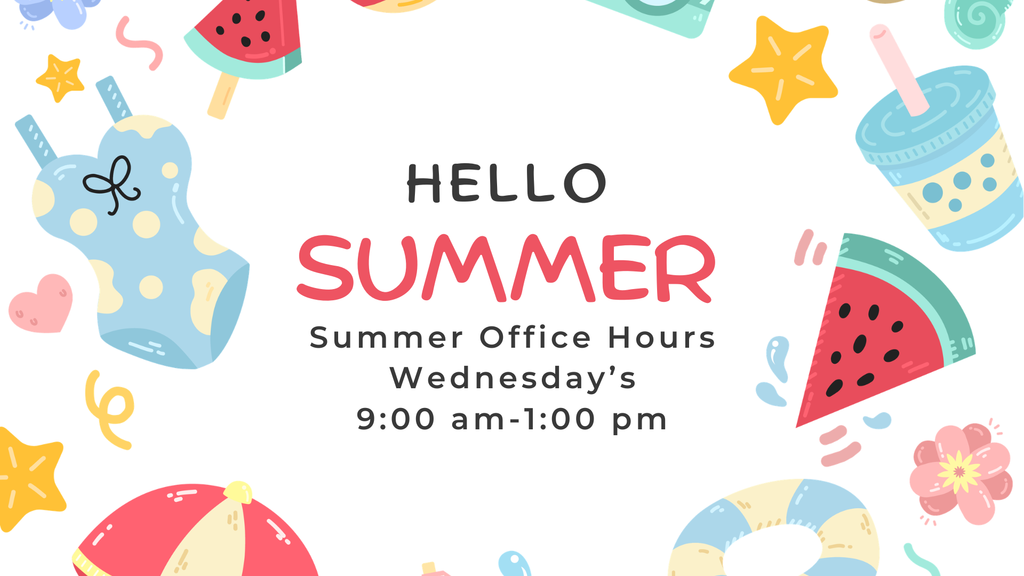 flyer with graphics of summer items; flowers, balls, swimsuits and watermelon