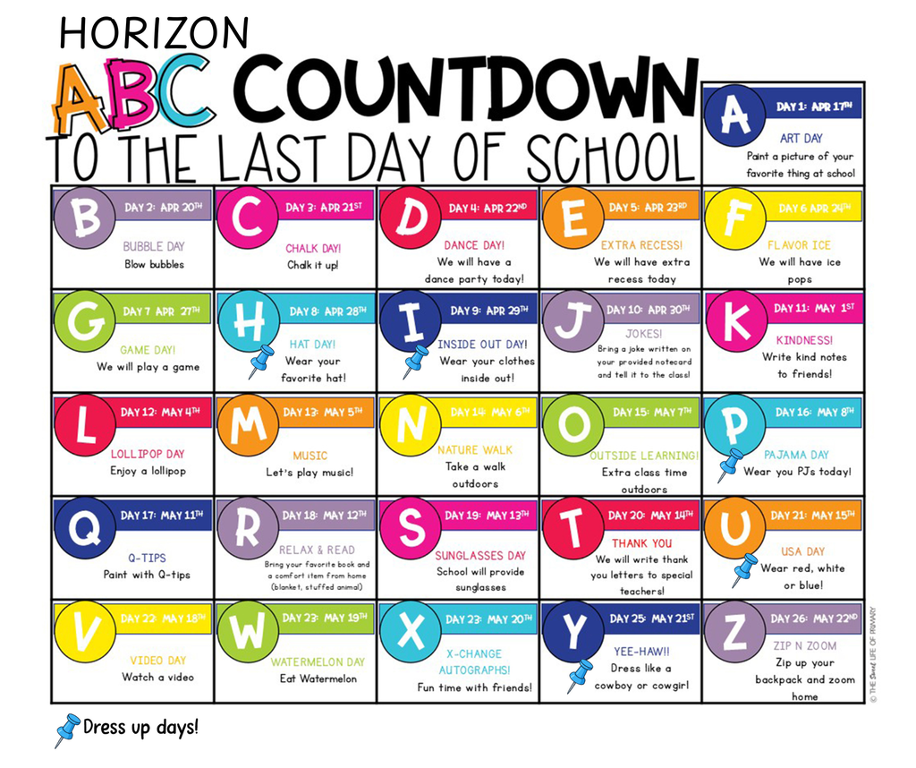 Horizon countdown to the last day of school calendar