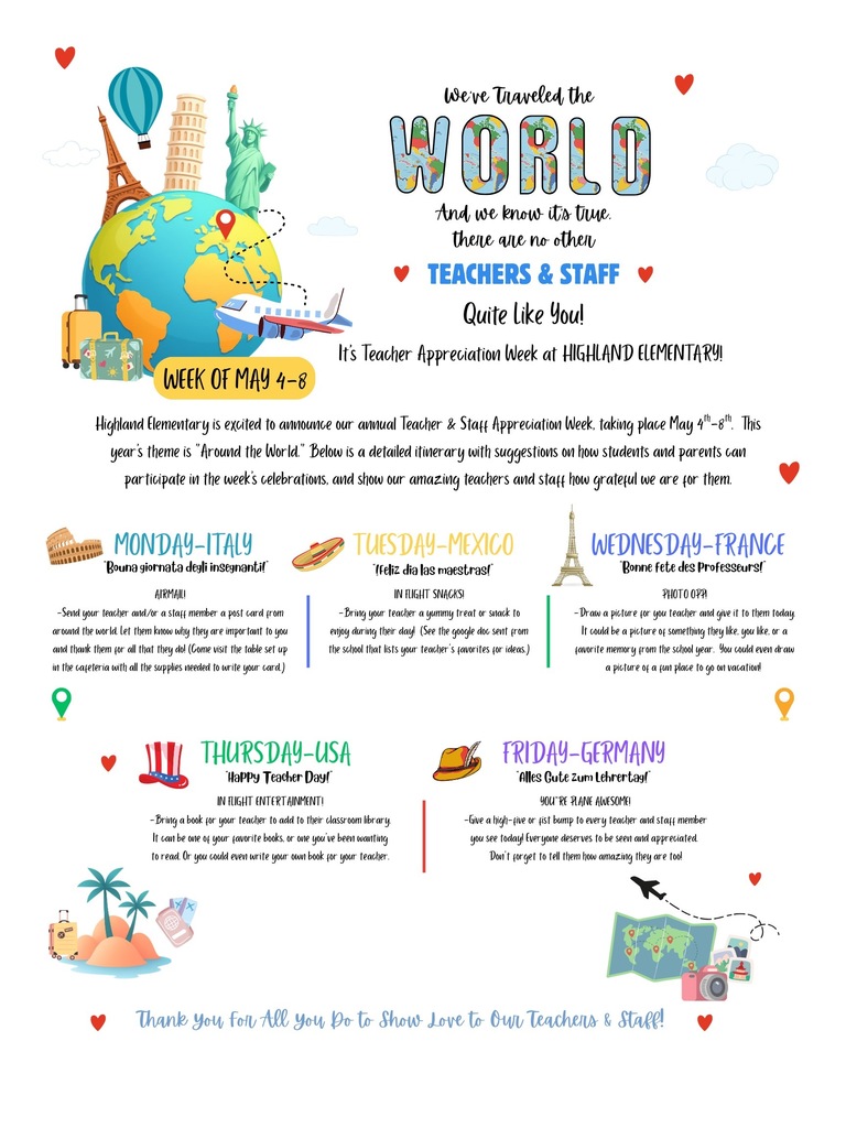 World travel icons and locations with teacher appreciation ideas