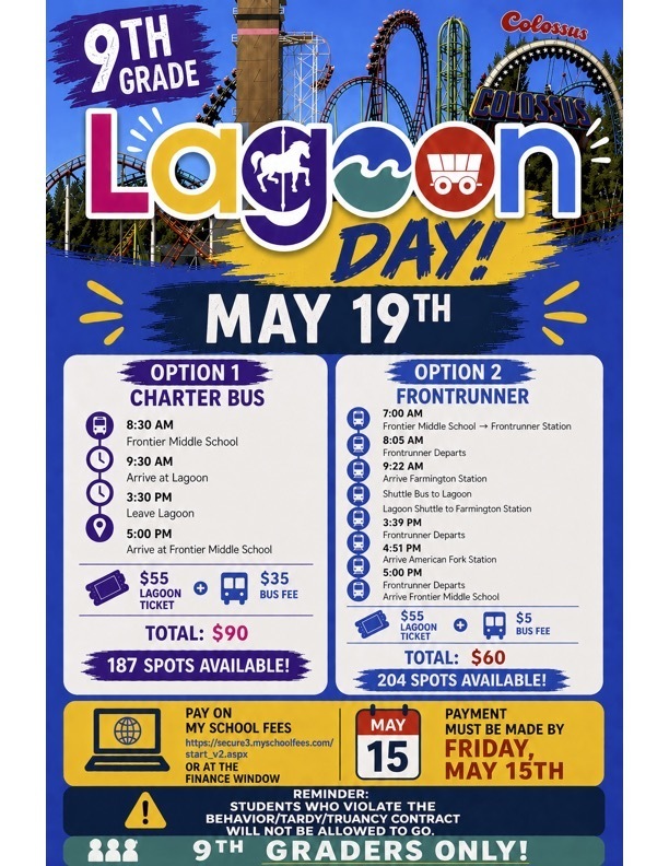Lagoon announcement for 9th graders with a picture of a roller coaster 