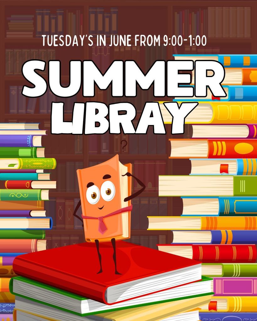 Book stacks with a book person on a stack. Summer Library Tuesday's in June 9:00-1:00. 