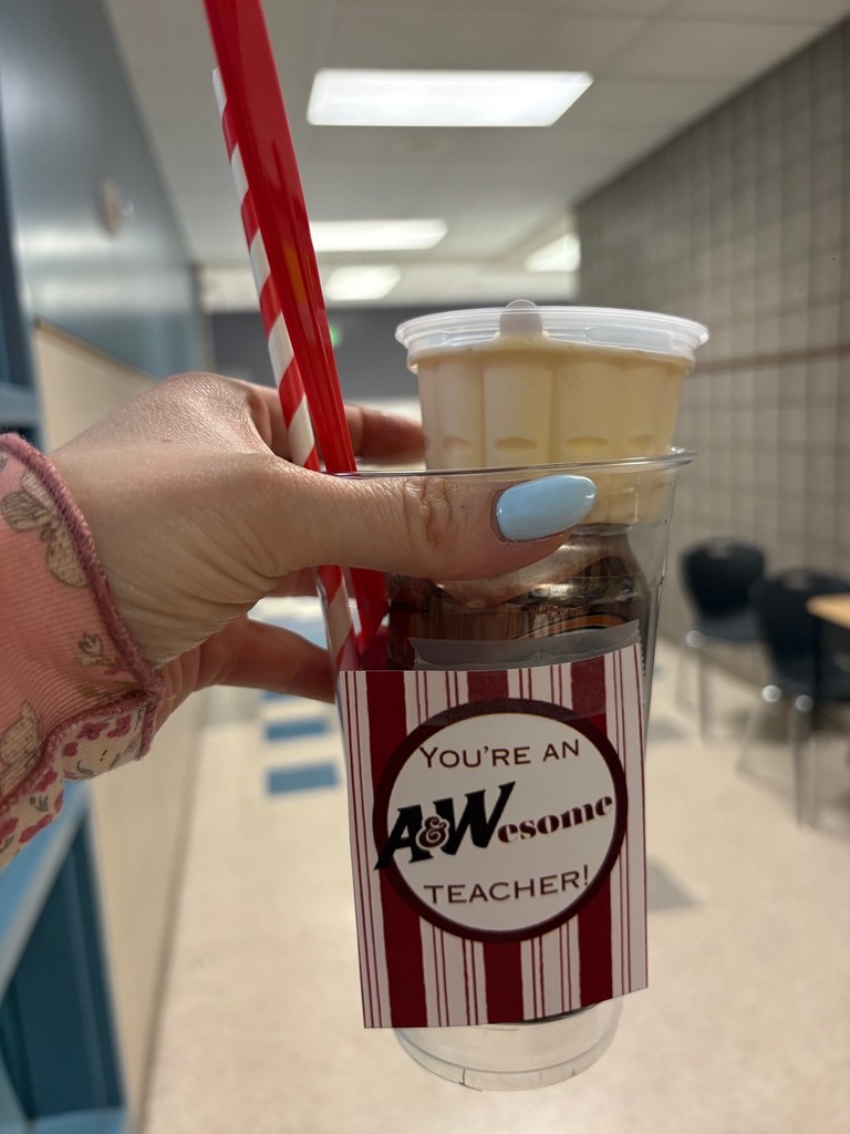 cup with a tag that says, 'You're and A&Wesome  teacher! with a can of A&W rootbeer ice cream cup straw and spoon. 