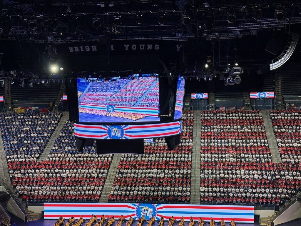 Close up of flag made from students shirts. 