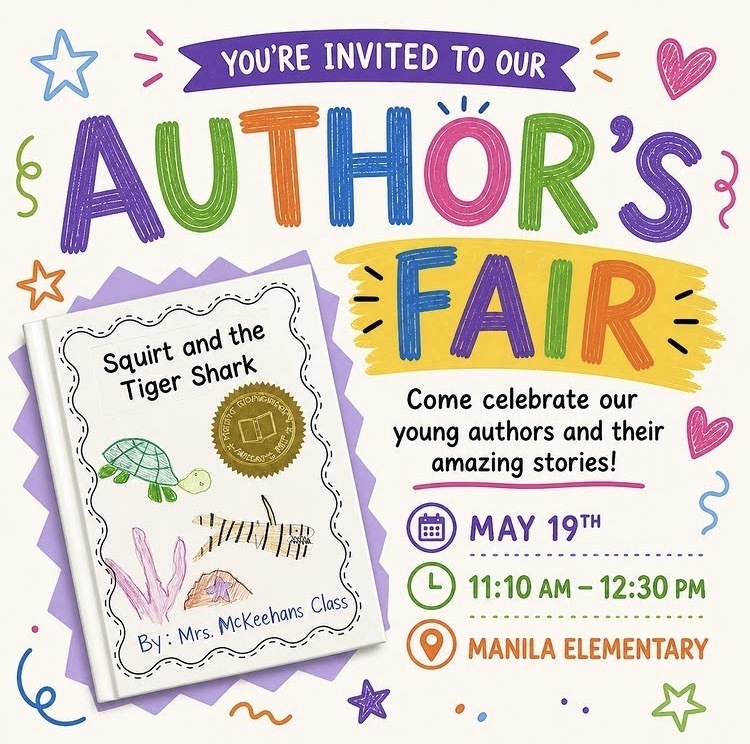 Author's Fair with stars and squiggles and a book