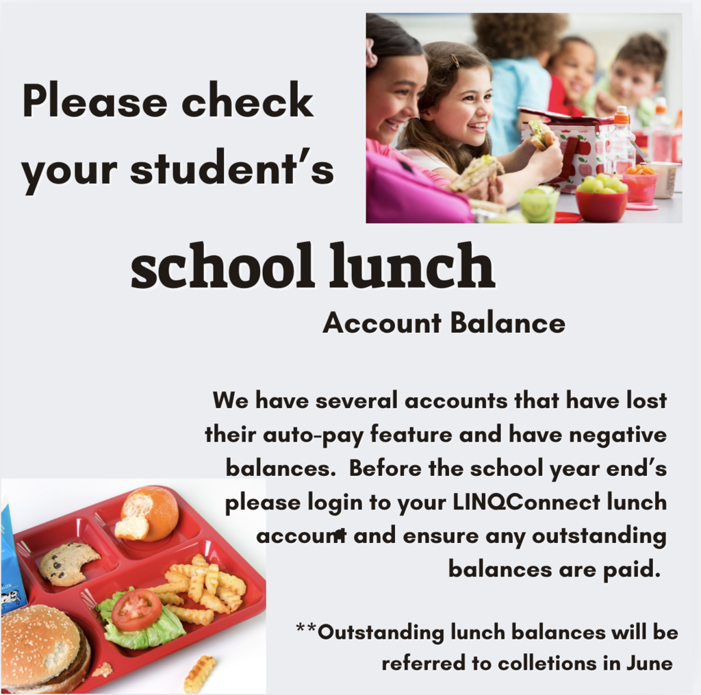 students eating school lunch and a school lunch tray, text telling about checking student lunch account balances to ensure they ae paid