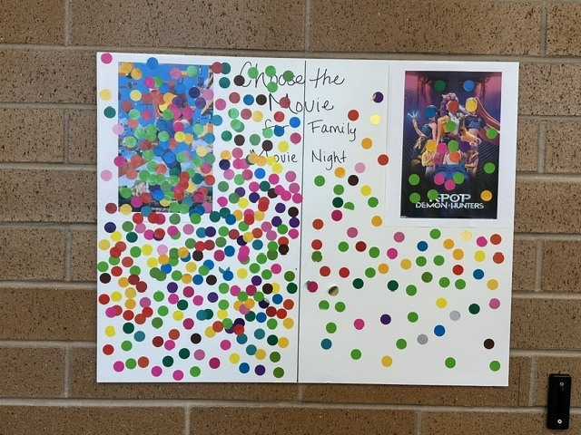 Sticker voting between Mario and KPop for Movie Night. Showing Mario won.