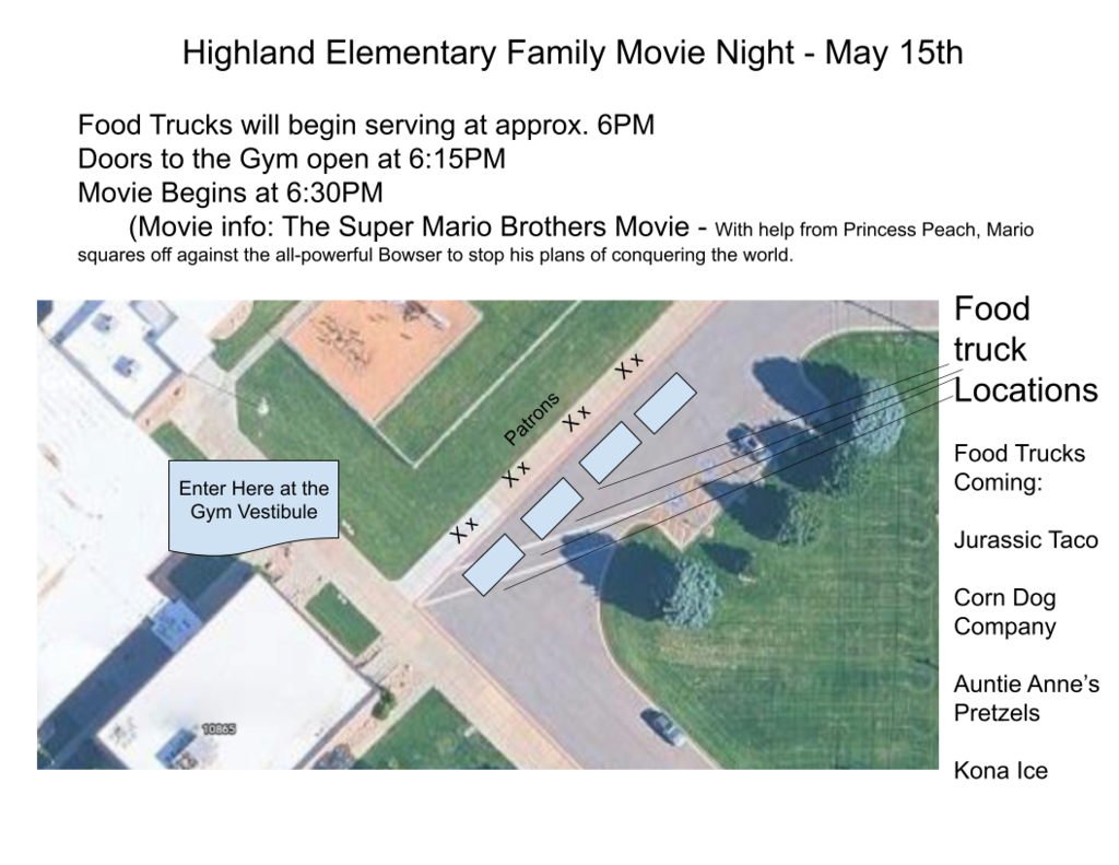 Overhead view of Highland Elementary with locations of food trucks and entrance for movie night