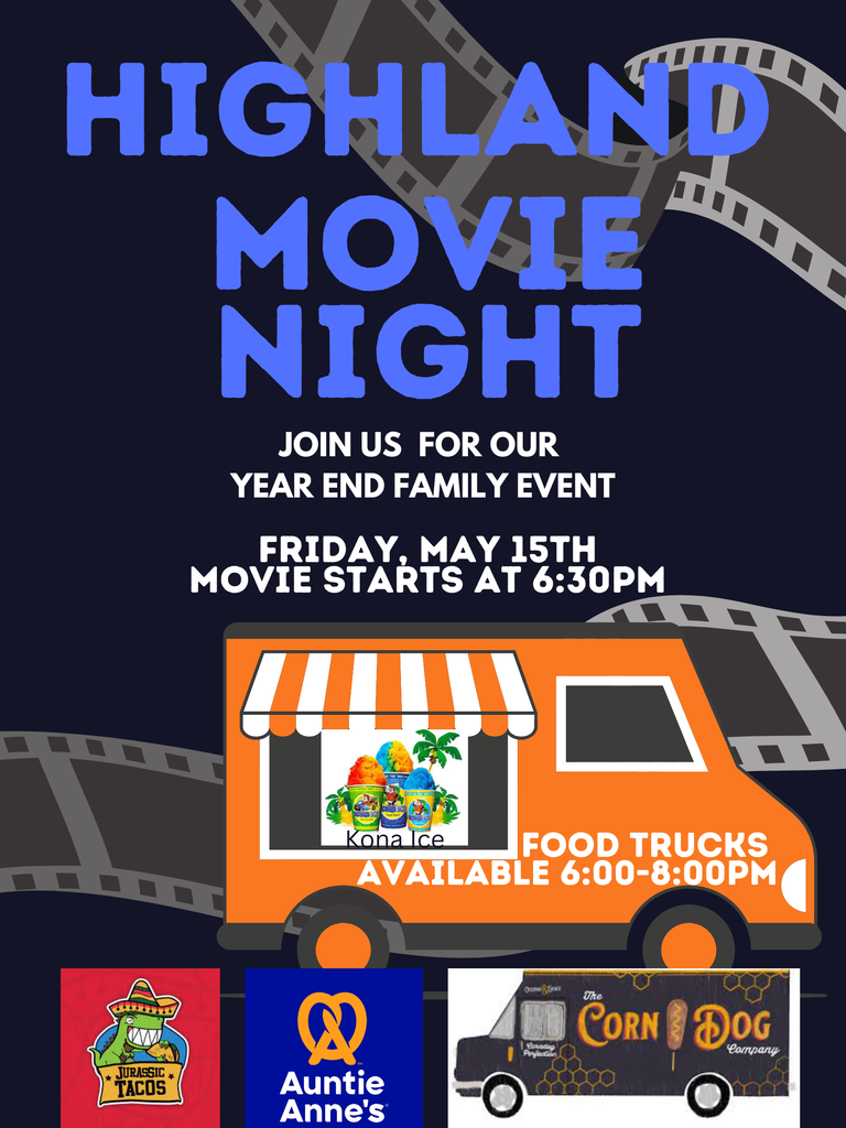 Movie night flyer for May 15, 6:30pm pictures of food trucks coming