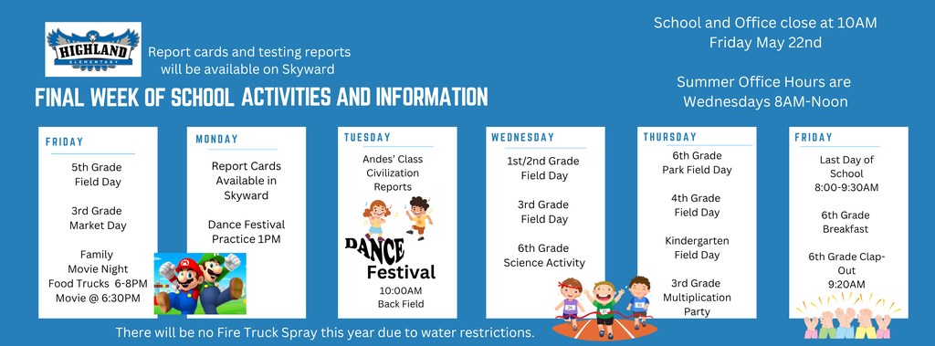final week activities with pictures including dance festival, field days, and clap out