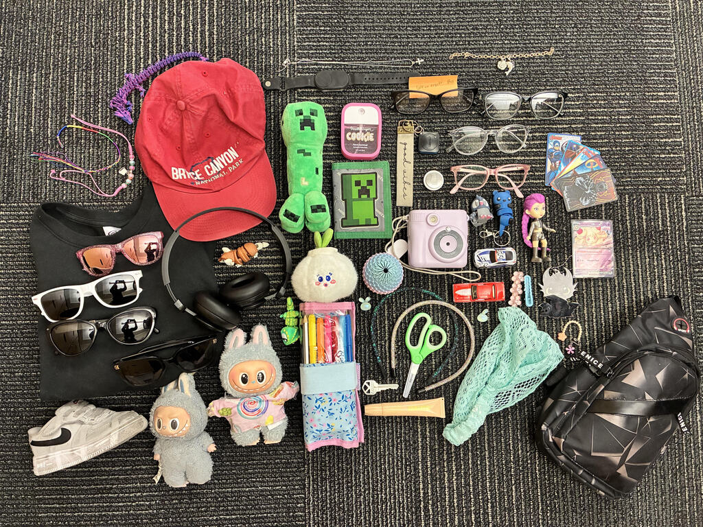 glasses, keys, hats, bags